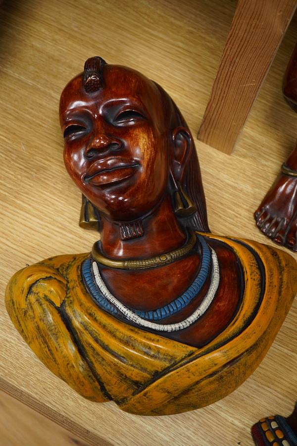 Four Kenyan faux wood figures/busts, signed Masai